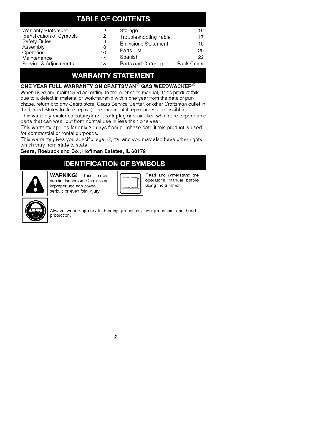 Craftsman 358-79104 Oneyear Full Warranty on Craftsman GAS Weedwacker, Sears, Roebuck and Co., Hoffman Estates, IL 