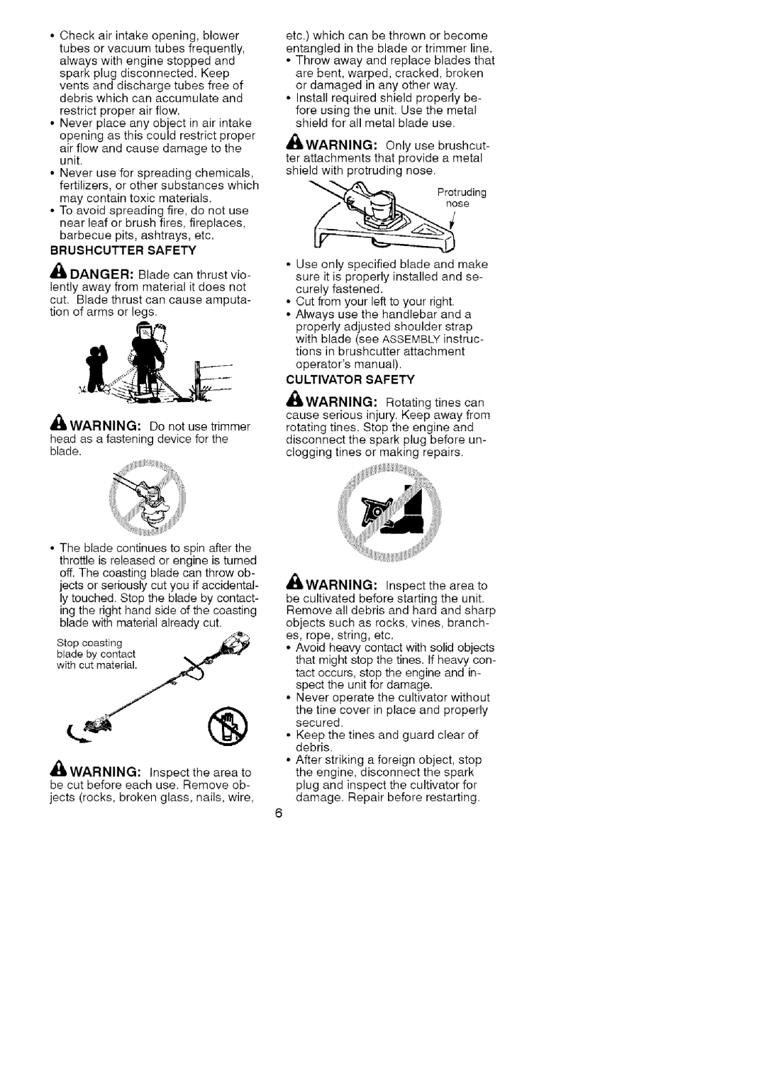 Craftsman 358-79104 operating instructions Brushcutter Safety, Cultivator Safety 