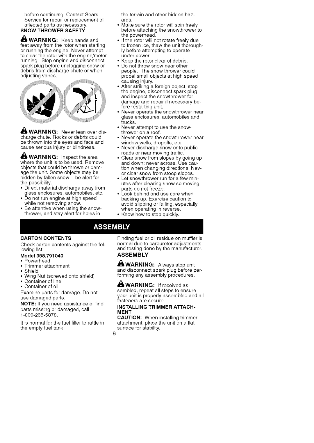 Craftsman 358-79104 operating instructions Snow Thrower Safety, Carton Contents, Assembly, Ment 