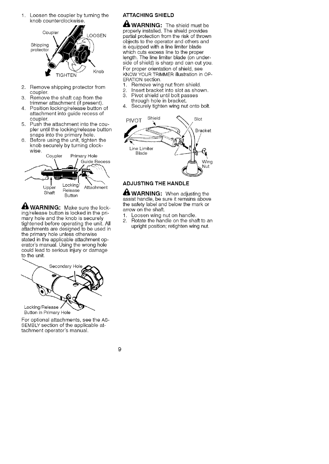 Craftsman 358-79104 operating instructions Attaching Shield, Adjusting the Handle 