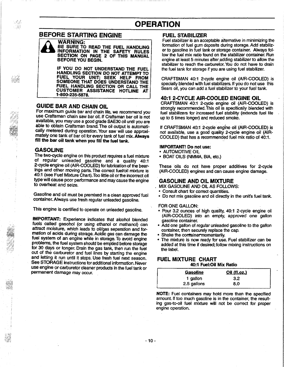 Craftsman 358.351080 manual Before Starting Engine, 401 2-CYCLE AIR-COOLED Engine OIL Guide BAR and Chain OIL, Gasoline 