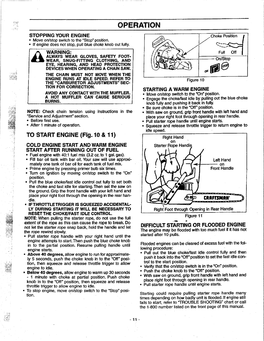 Craftsman 358.351080 manual Starting a Warm Engine, Difficult sTARTlinG or Flooded Engine, Full 