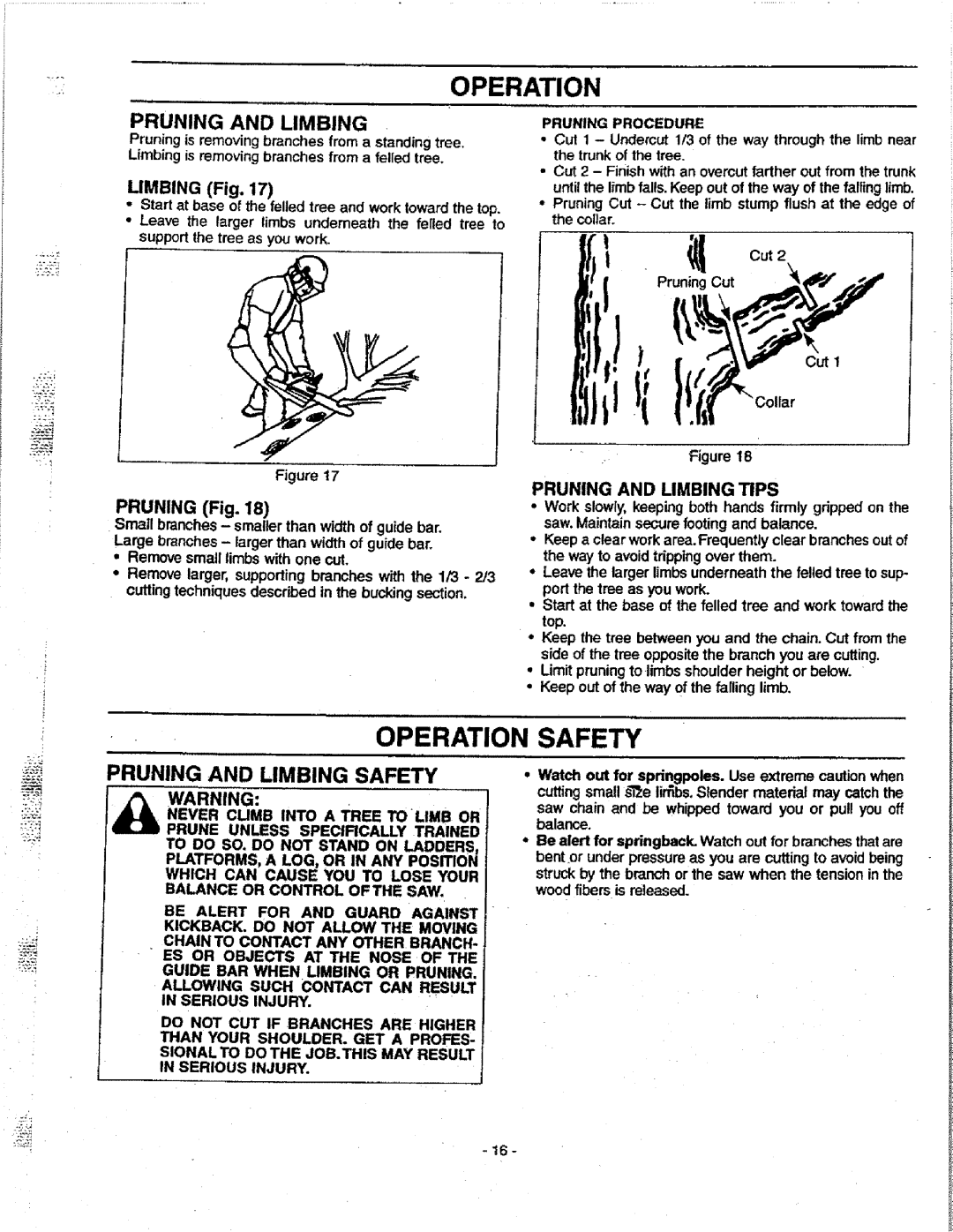 Craftsman 358.351080 manual Pruning Fig, Pruning and Limbing Tips, Never Cumb Into a Tree Tolimb or 