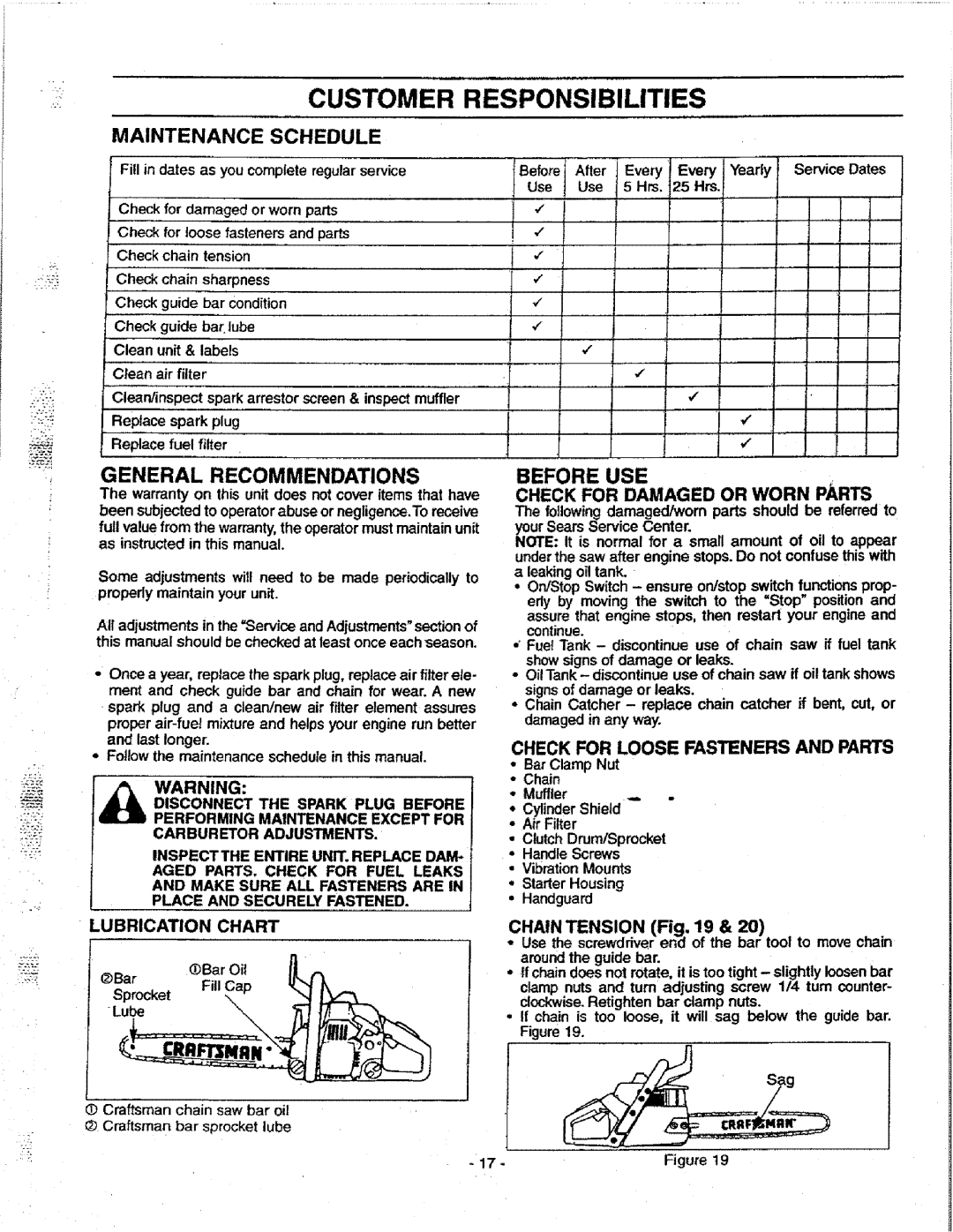 Craftsman 358.351080 manual Maintenance Schedule, Before USE, Check for Damaged or Worn Parts 