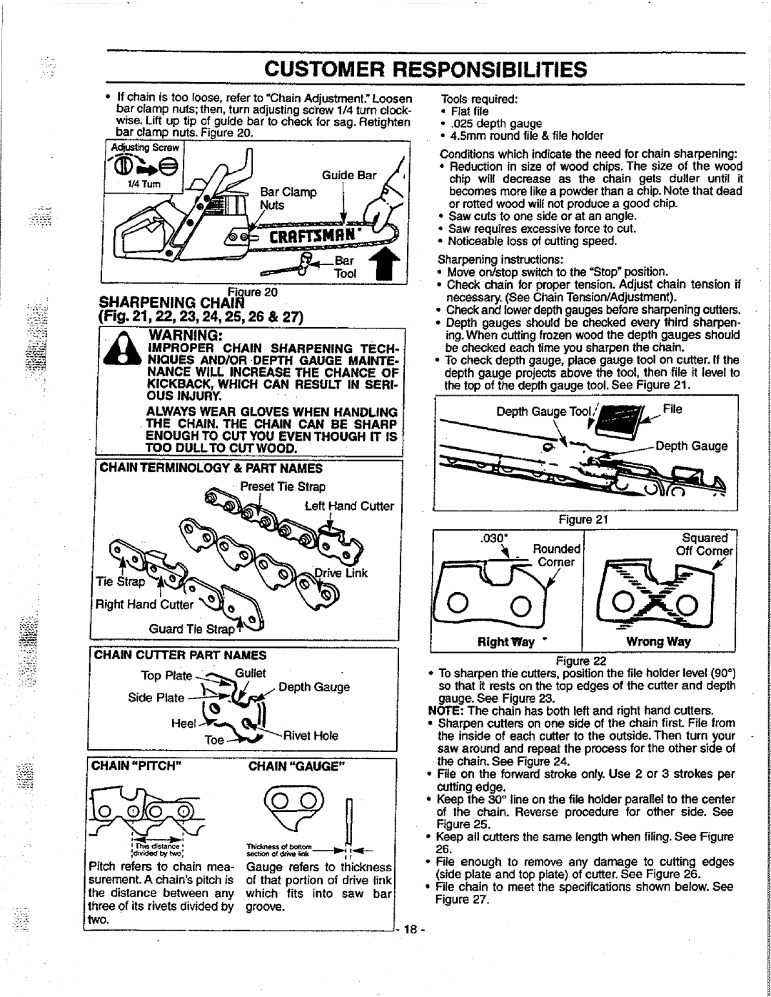 Craftsman 358.351080 manual Customer Responsibilities, Crrftsmrn, Sharpening CHAIFure20, Chain Gauge 