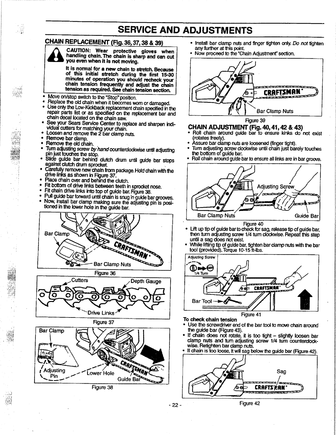 Craftsman 358.351080 manual Service and Adjustments, Chnn Adjustment , 41,42 & do43not, Bar Clamp Nuts 