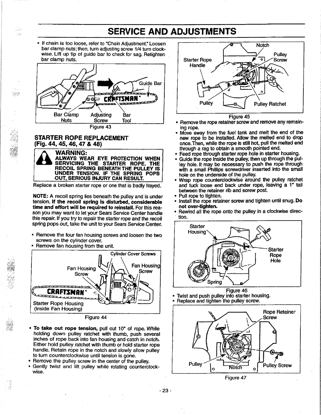 Craftsman 358.351080 manual Starter Rope Replacement , 45, 46, 47, NutsScrew Tool, Fan Housin Pulley, Housing Starter Rope 