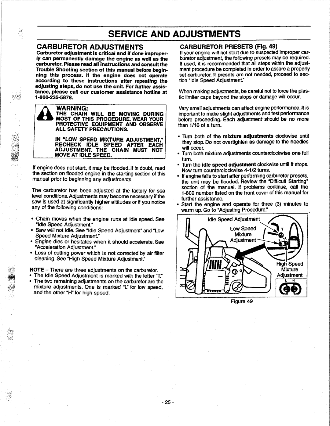 Craftsman 358.351080 manual Carburetor Adjustments, LOW Speed Mixture ADJUflTME, Idle Speed Adjustment Mixture 