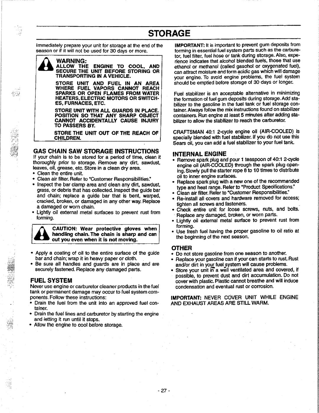 Craftsman 358.351080 manual GAS Chain SAW Storage Instructions, Fuel System, Internal Engine, Other 