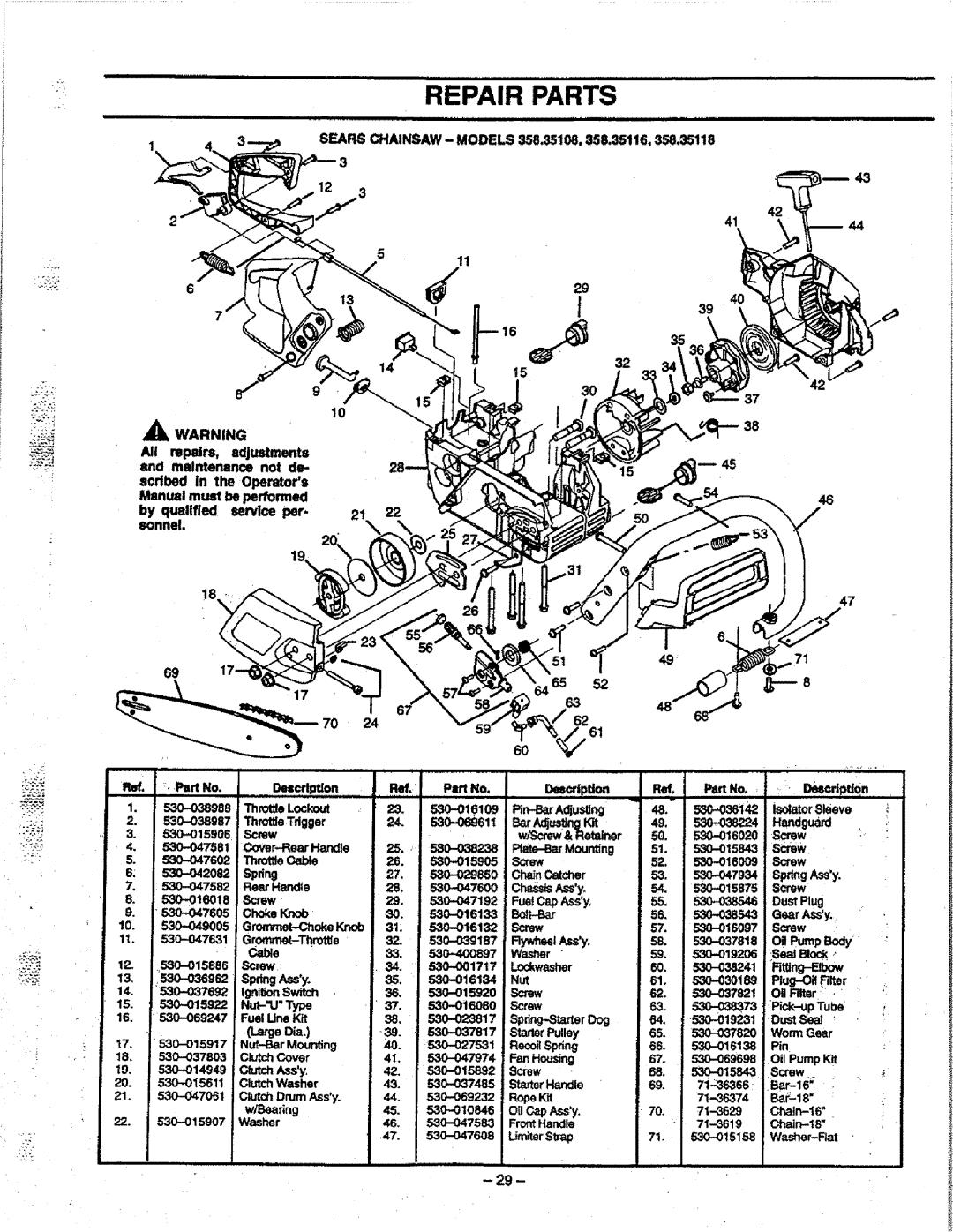 Craftsman 358.351080 manual Repair Parts, BarAdjungKit, Assy, LargeDa, 68 -015S43.Screw 