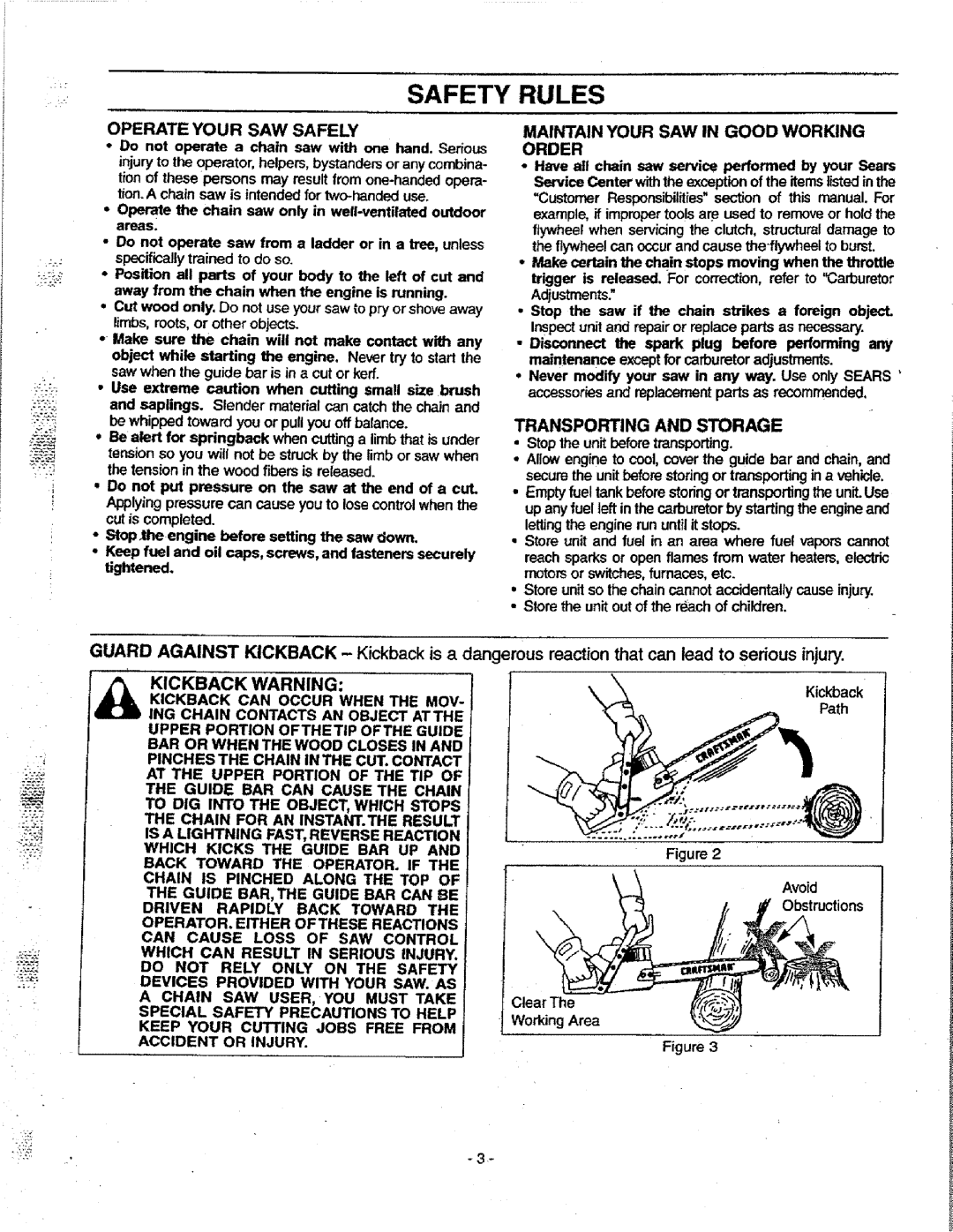 Craftsman 358.351080 manual Transporting and Storage, Kickback 