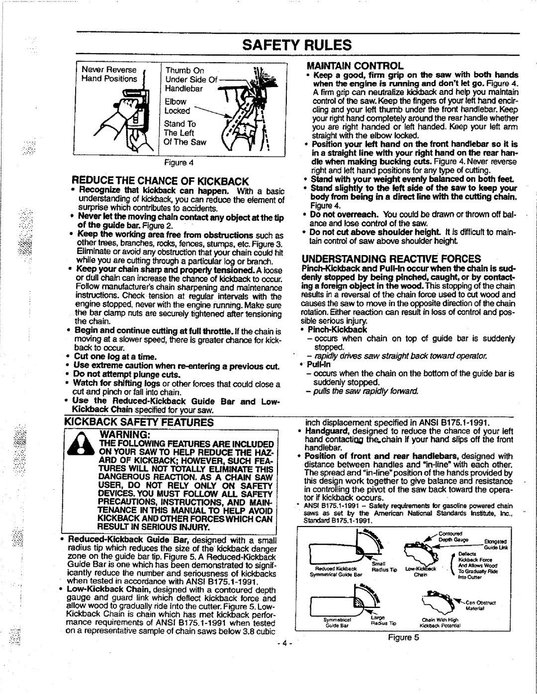 Craftsman 358.351080 Safety Rules, Reduce the Chance of Kickback, Kickback Safety Features, Understanding Reactwe Forces 