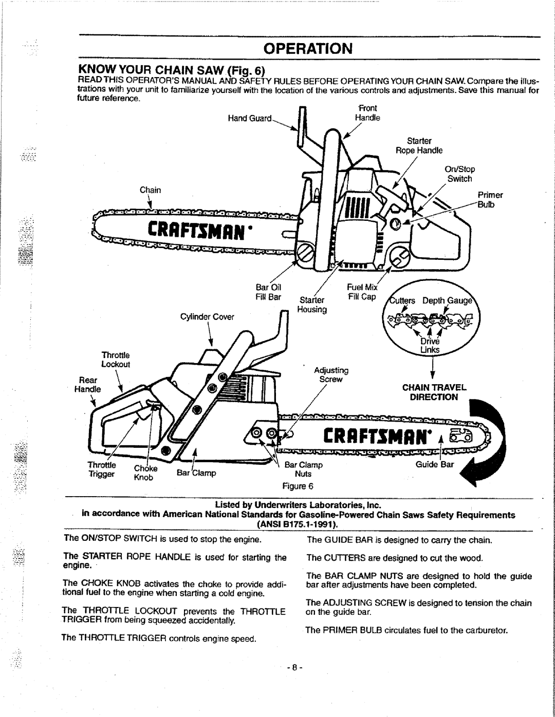 Craftsman 358.351080 manual Operation, Chain Travel, Direction 