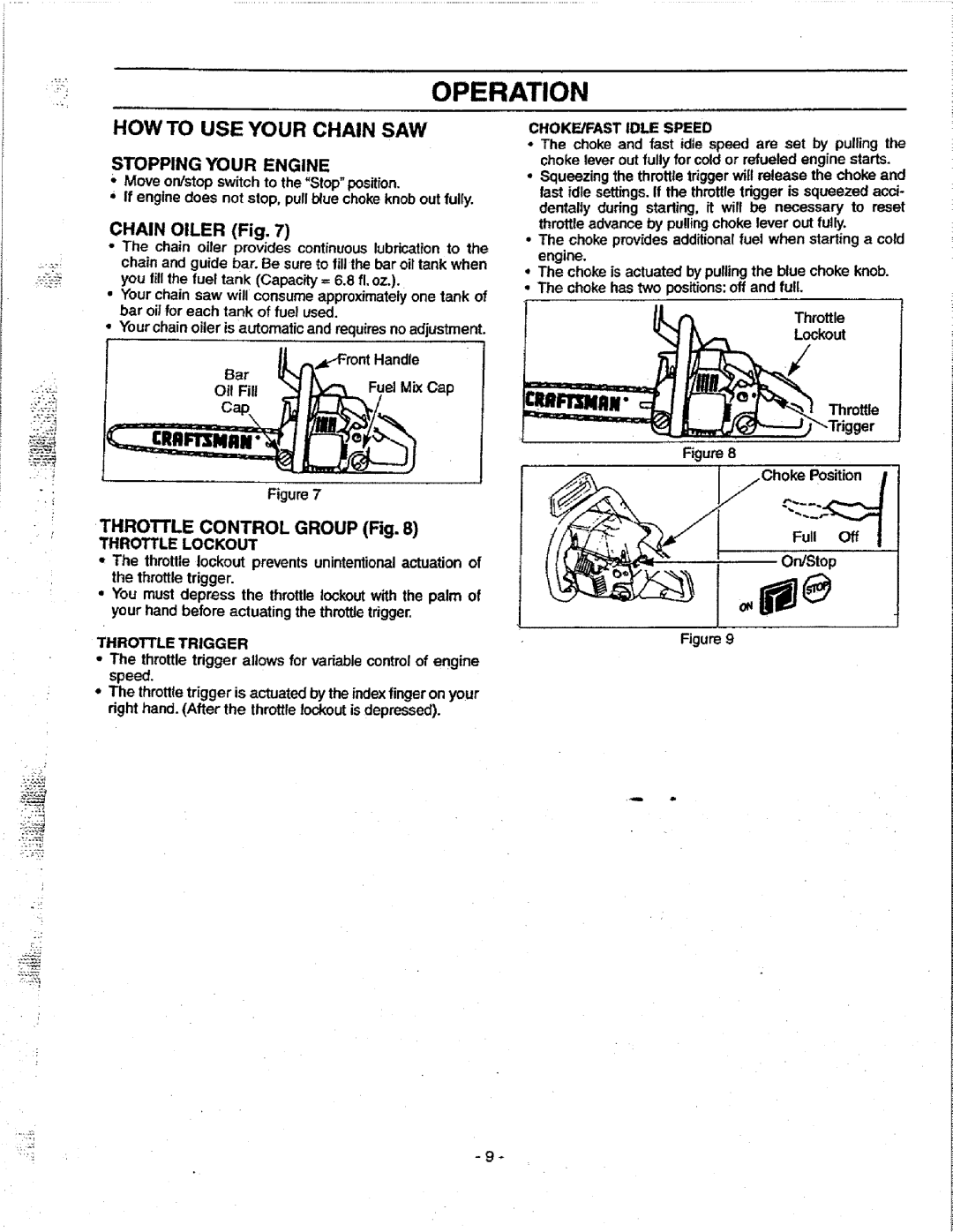 Craftsman 358.351080 manual Howto USE Your Chain SAW, Chain Oiler Fig, THROnLE Control Group Fig 