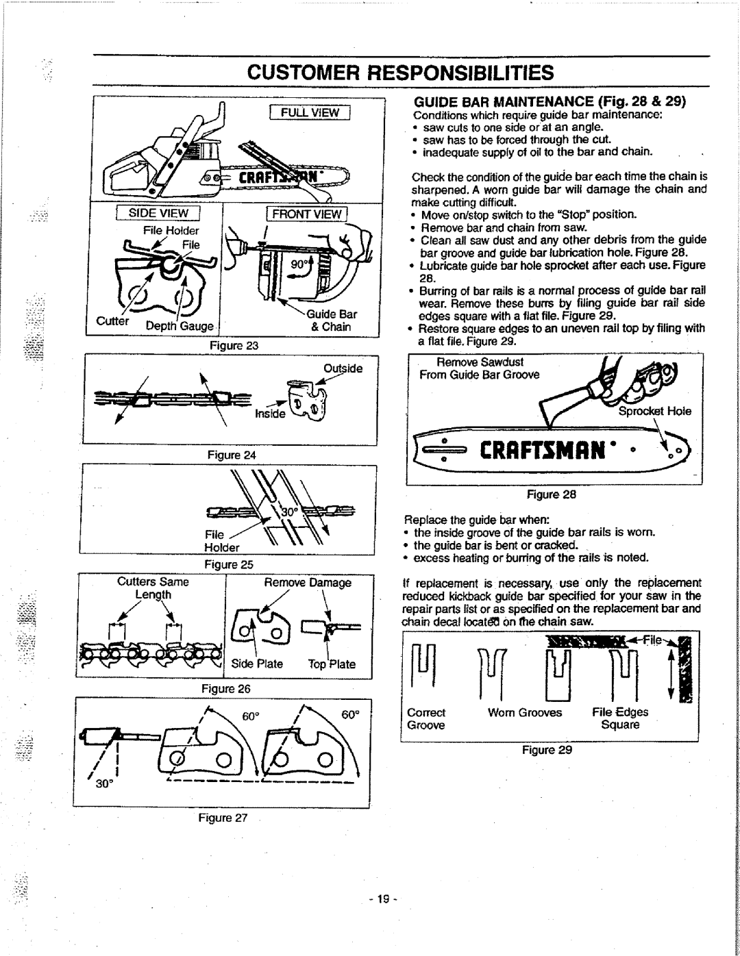 Craftsman 358.351080 manual Crrftsmrn•, From Guide Bar Groove, Customer Responsibilities 