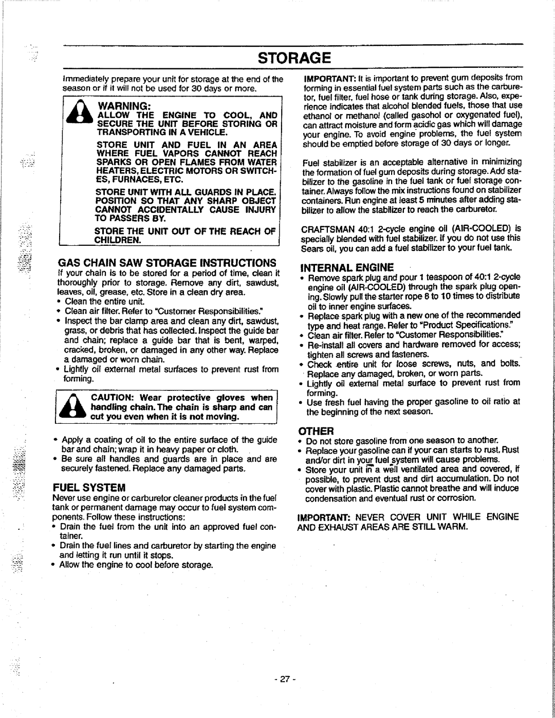 Craftsman 358.351080 manual Gas Chain Saw Storage Instructions, Fuel System, Internal Engine, Other 