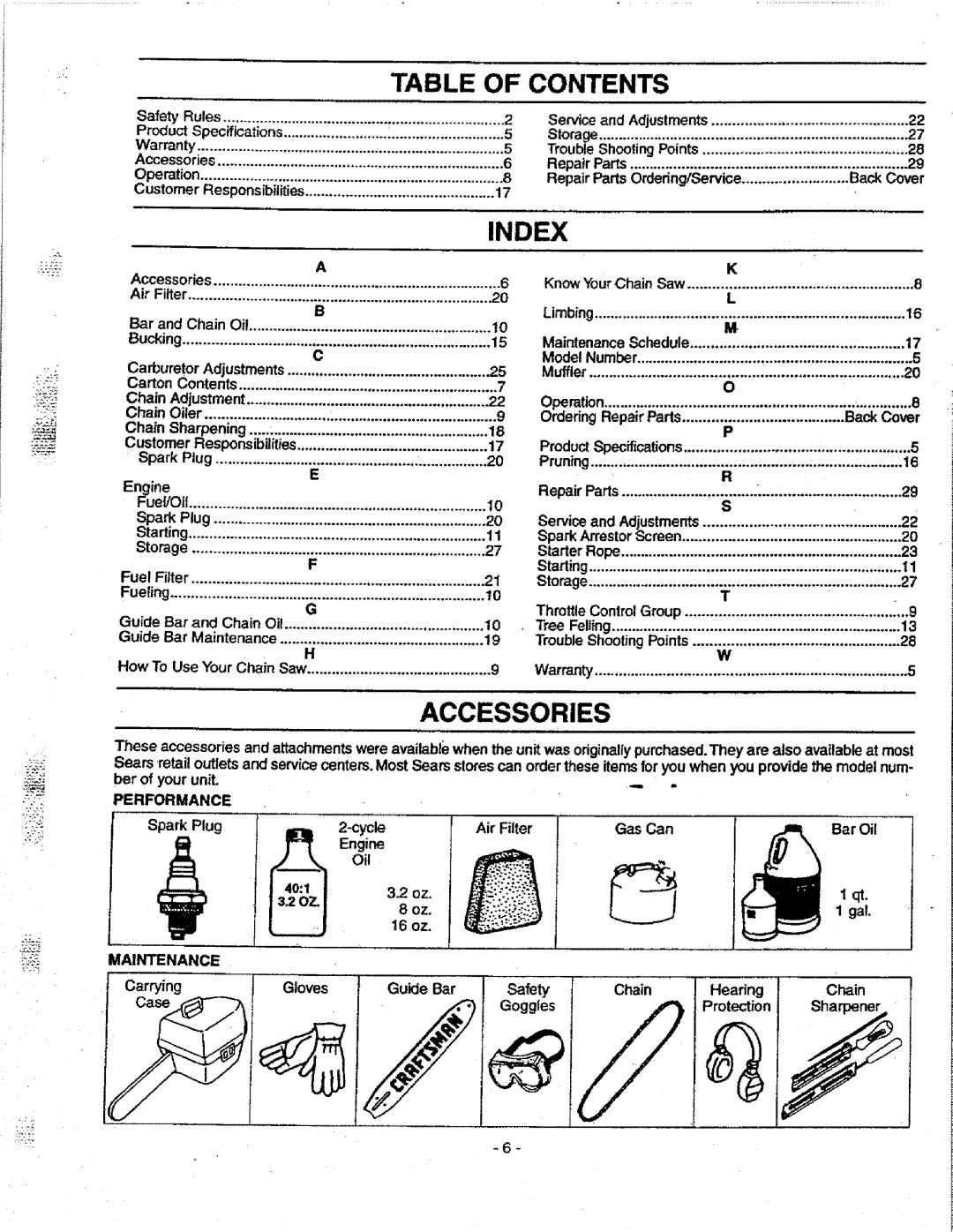 Craftsman 358.351080 manual Accessories, Table Of Contents, Index 