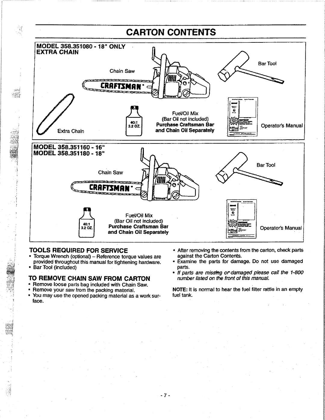 Craftsman 358.351080 manual Carton Contents, Model, 358.351180, Tools Required For Service, To Remove Chain Saw From Carton 