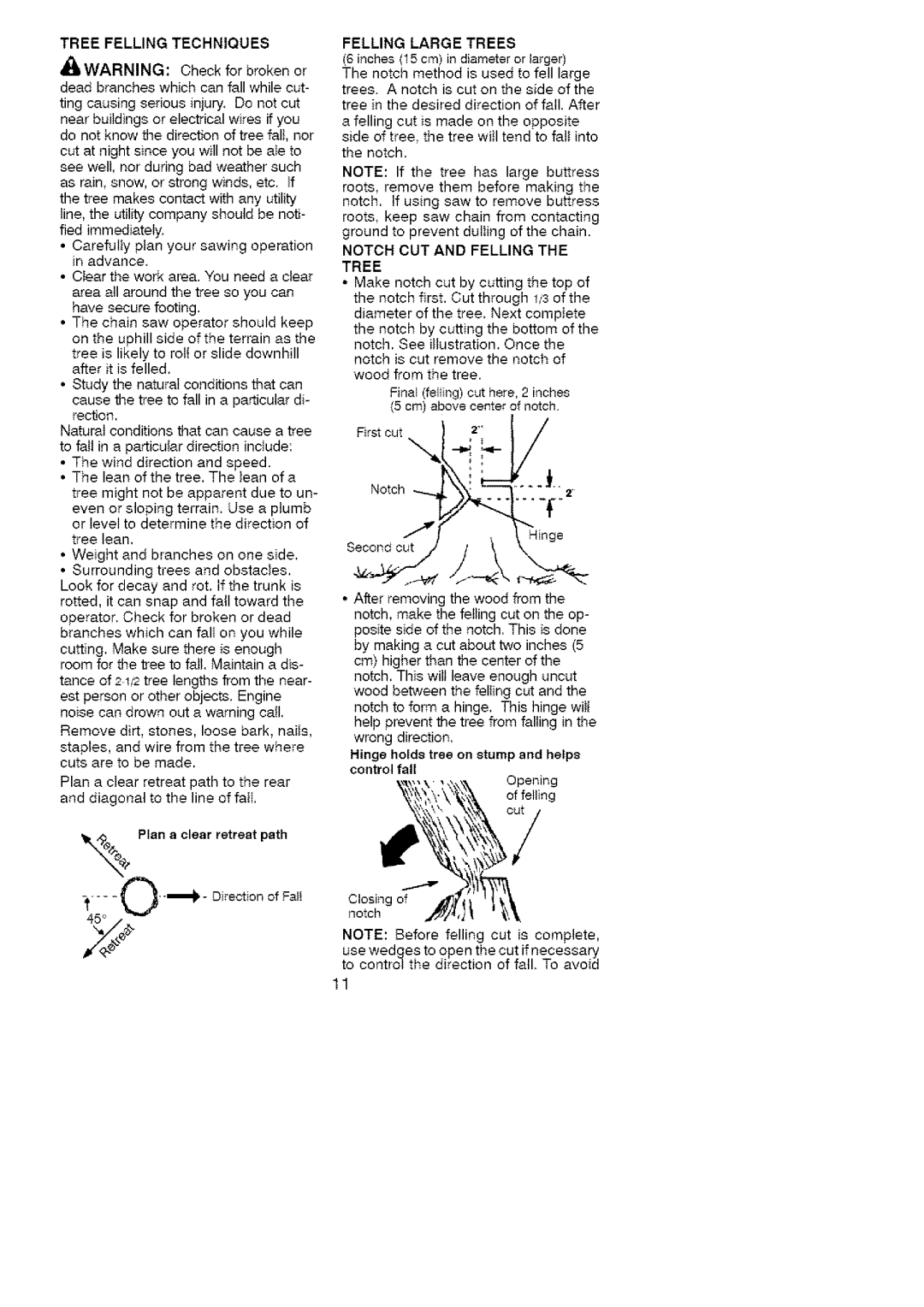 Craftsman 358.35161 manual Tree Felling Techniques, Felling Large Trees, Notch CUT and Felling the Tree 