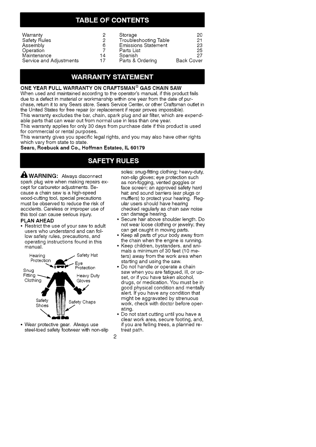 Craftsman 358.35161 manual ONE Year Full Warranty on Craftsman GAS Chain SAW, Plan Ahead 