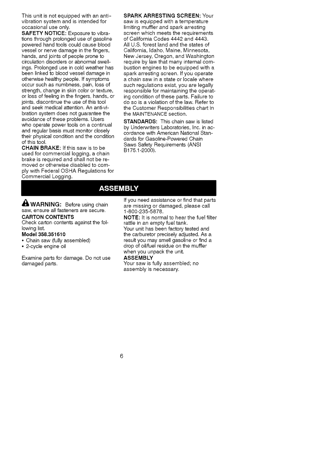 Craftsman 358.35161 manual Carton Contents, Model, Assembly 