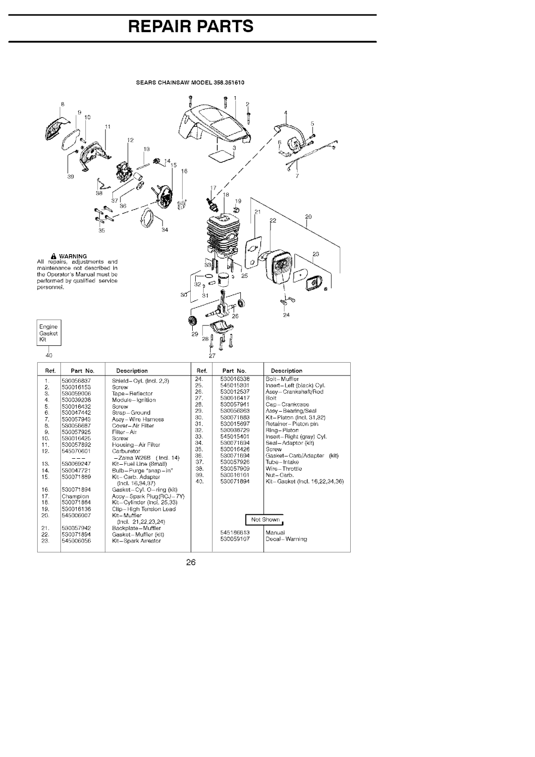Craftsman 358.35161 manual Repair Parts, SEARS CHAtNSAW MODEL, 172hampion, Part No, Piston 