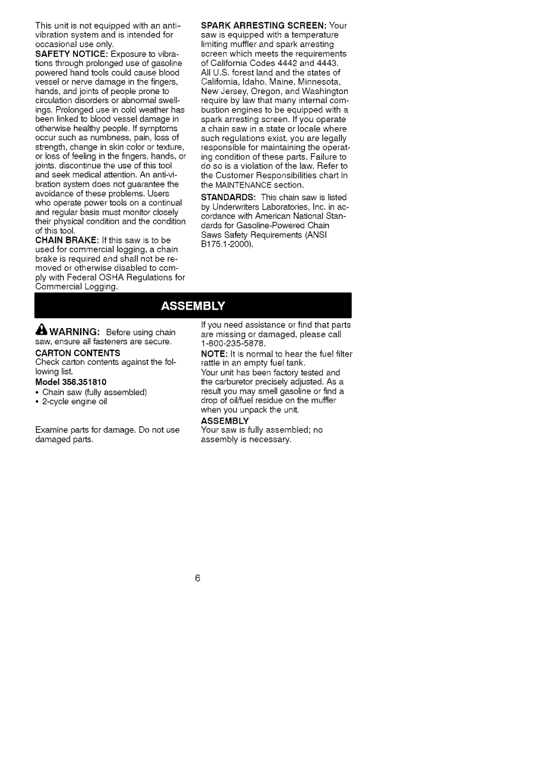 Craftsman 358.35181 manual Carton Contents, Model, Assembly 