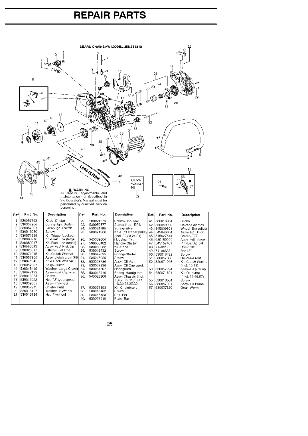 Craftsman 358.35181 manual Repair Parts, 36638, Sta er, Front 