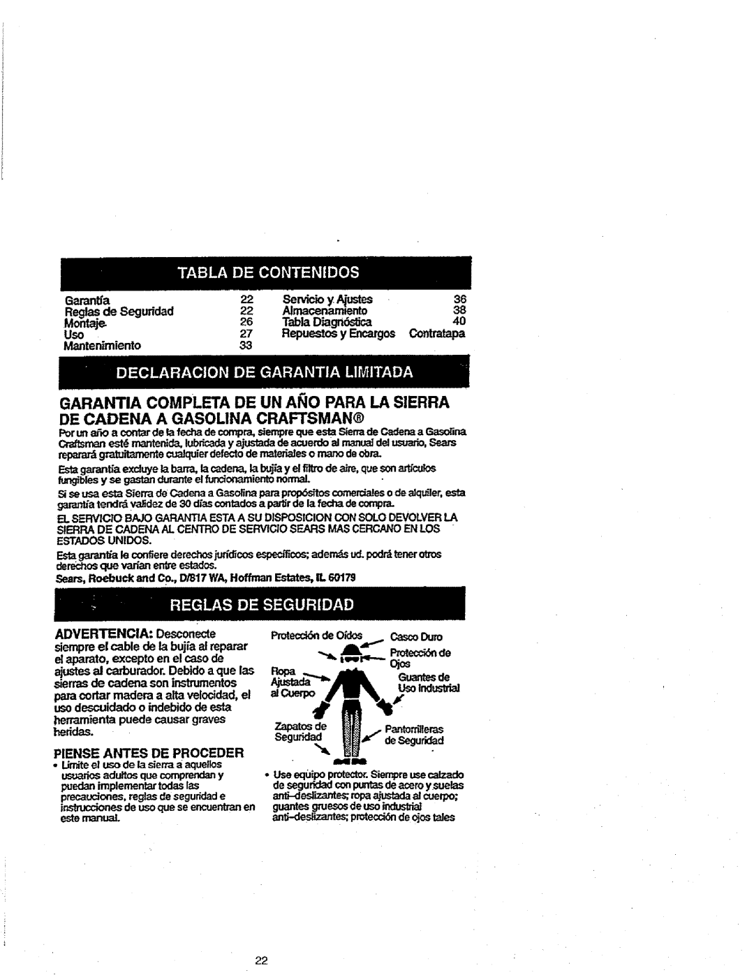 Craftsman 358.352680 - 18 IN. BAR manual Siempreel calde de la bujfa al reparar, Heridas, Piense Antes DE Proceder 