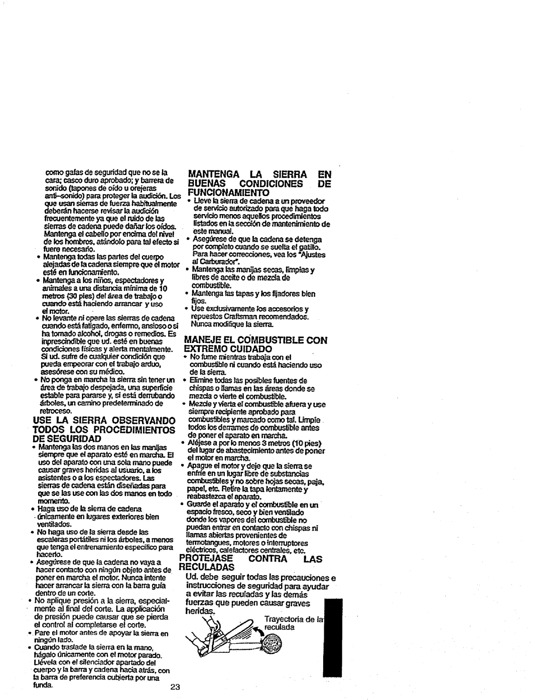 Craftsman 358.352680 - 18 IN. BAR manual Funcionamiento, Maneje EL Combustible CON, Protejase Contra LAS Reculadas 