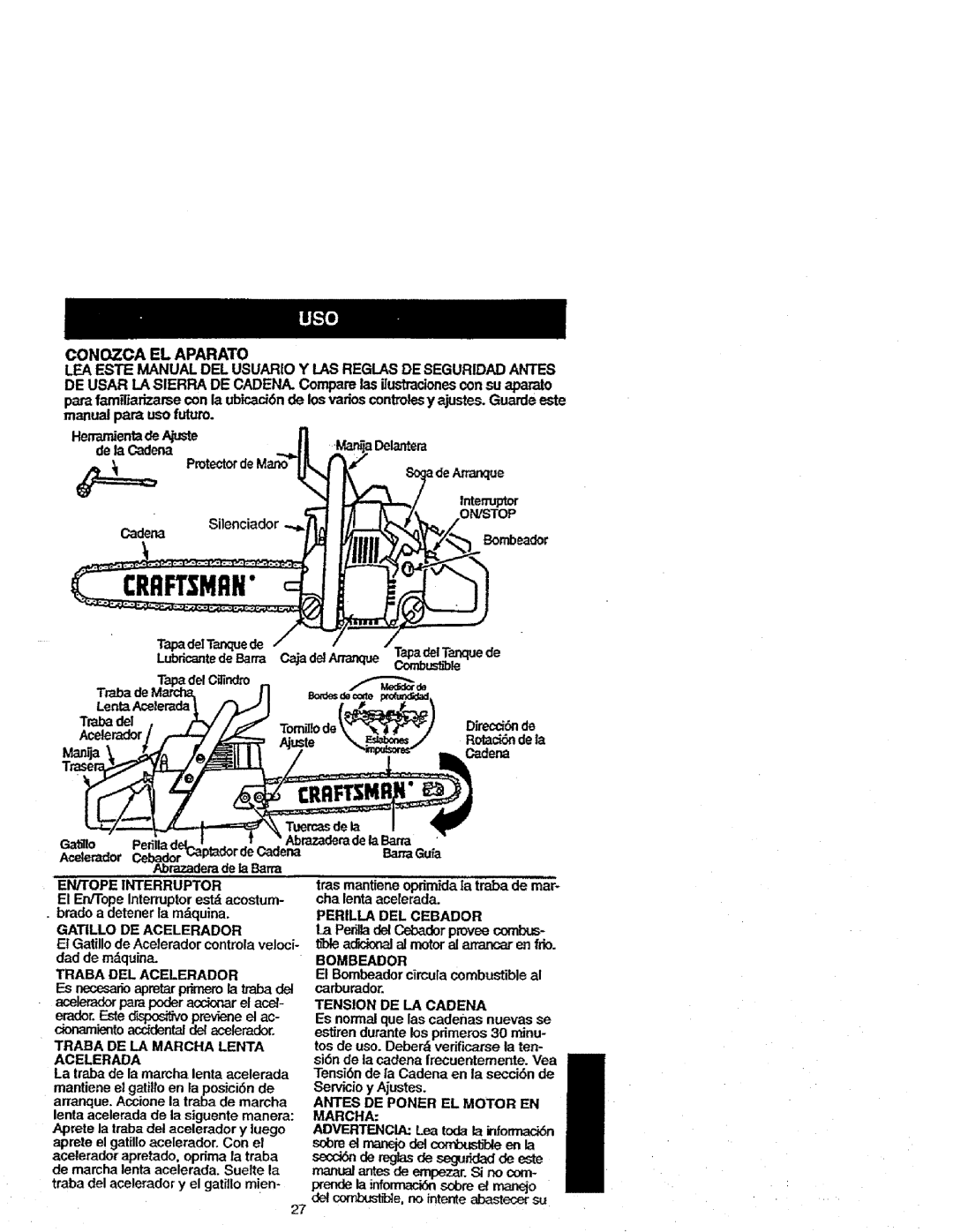 Craftsman 358.352680 - 18 IN. BAR manual Conozca EL Aparato, Manualpard usofuturo, Eodes y= 