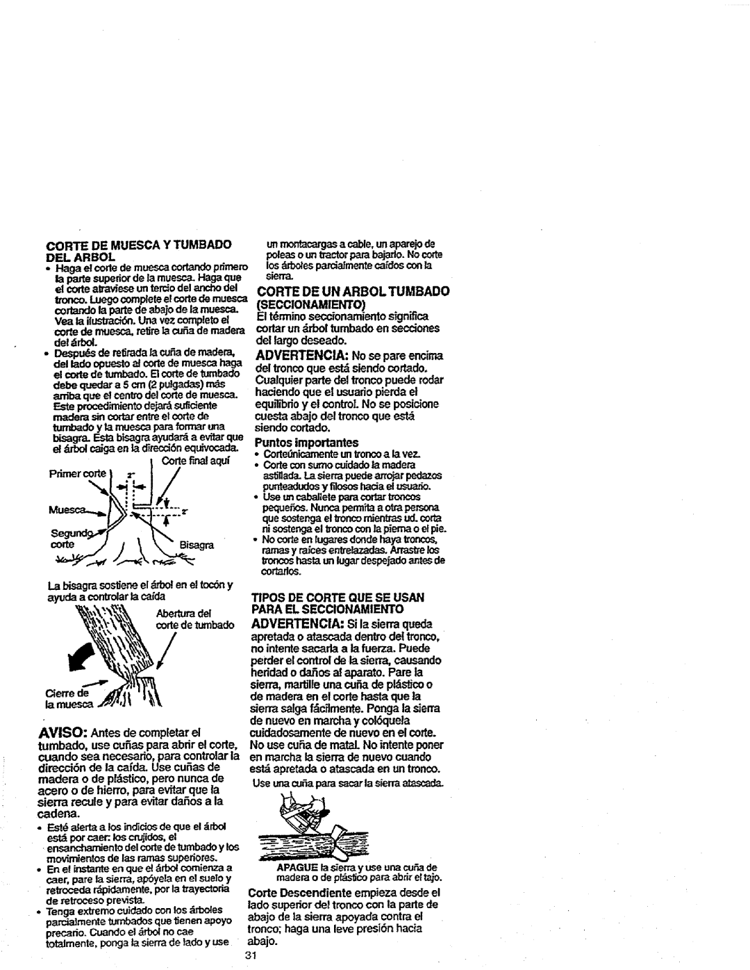 Craftsman 358.352680 - 18 IN. BAR manual Corte DE UN Arbol Tumbado, Advertencia No se pare encima, Puntos importantes 