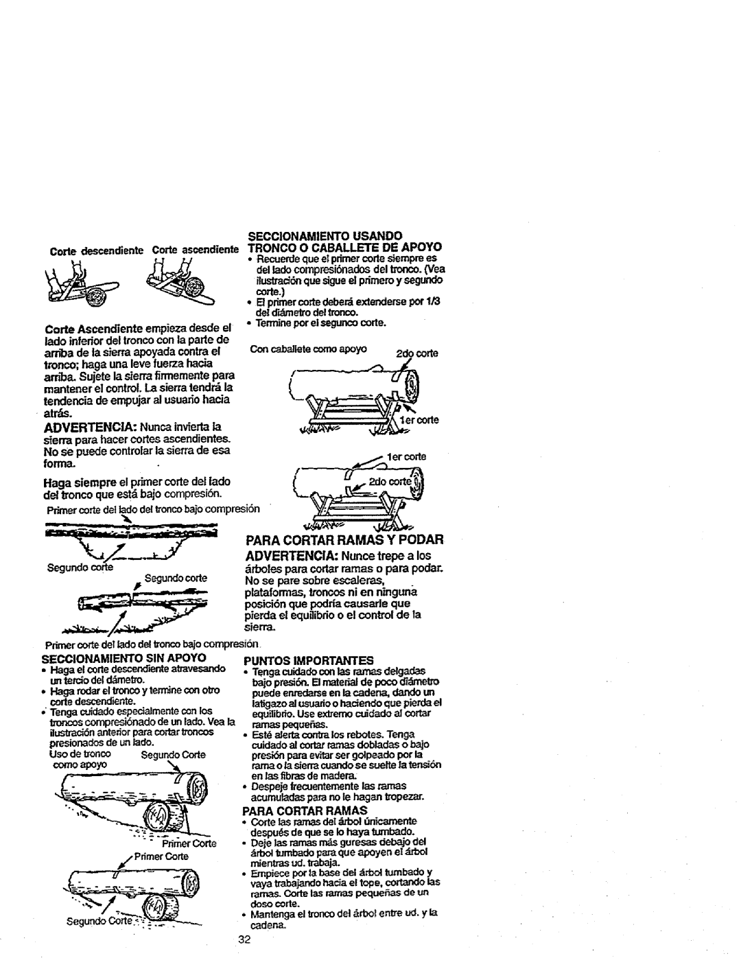 Craftsman 358.352680 - 18 IN. BAR manual Seccionamiento Usando, Advertencia, Forma, Para Cortar Ramas Y Podar 