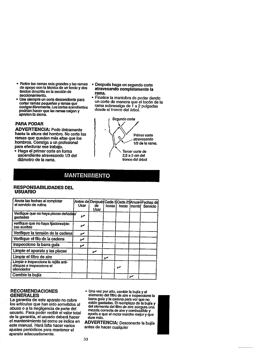 Craftsman 358.352680 - 18 IN. BAR Para Podar, Responsabilidades DEL Usuario, Cambie ia bujia, Recomendaciones Generales 