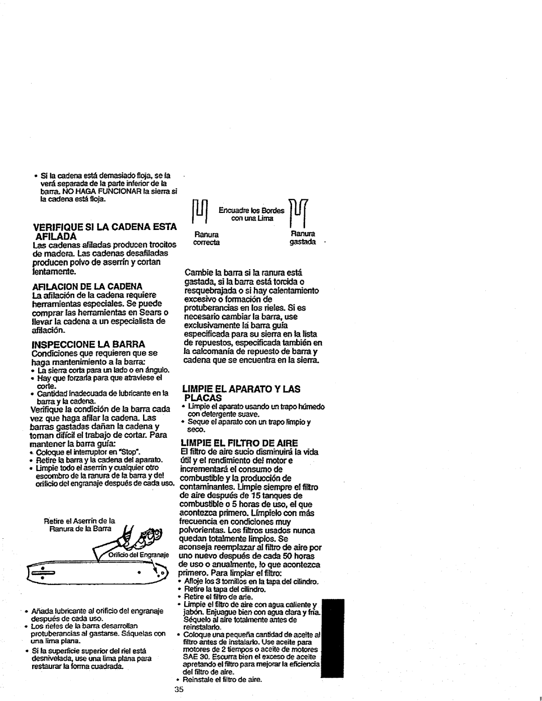 Craftsman 358.352680 - 18 IN. BAR manual Verifique SI LA Cadena Esta Afilada, Arlacion DE LA Cadena, Afilaci6n 