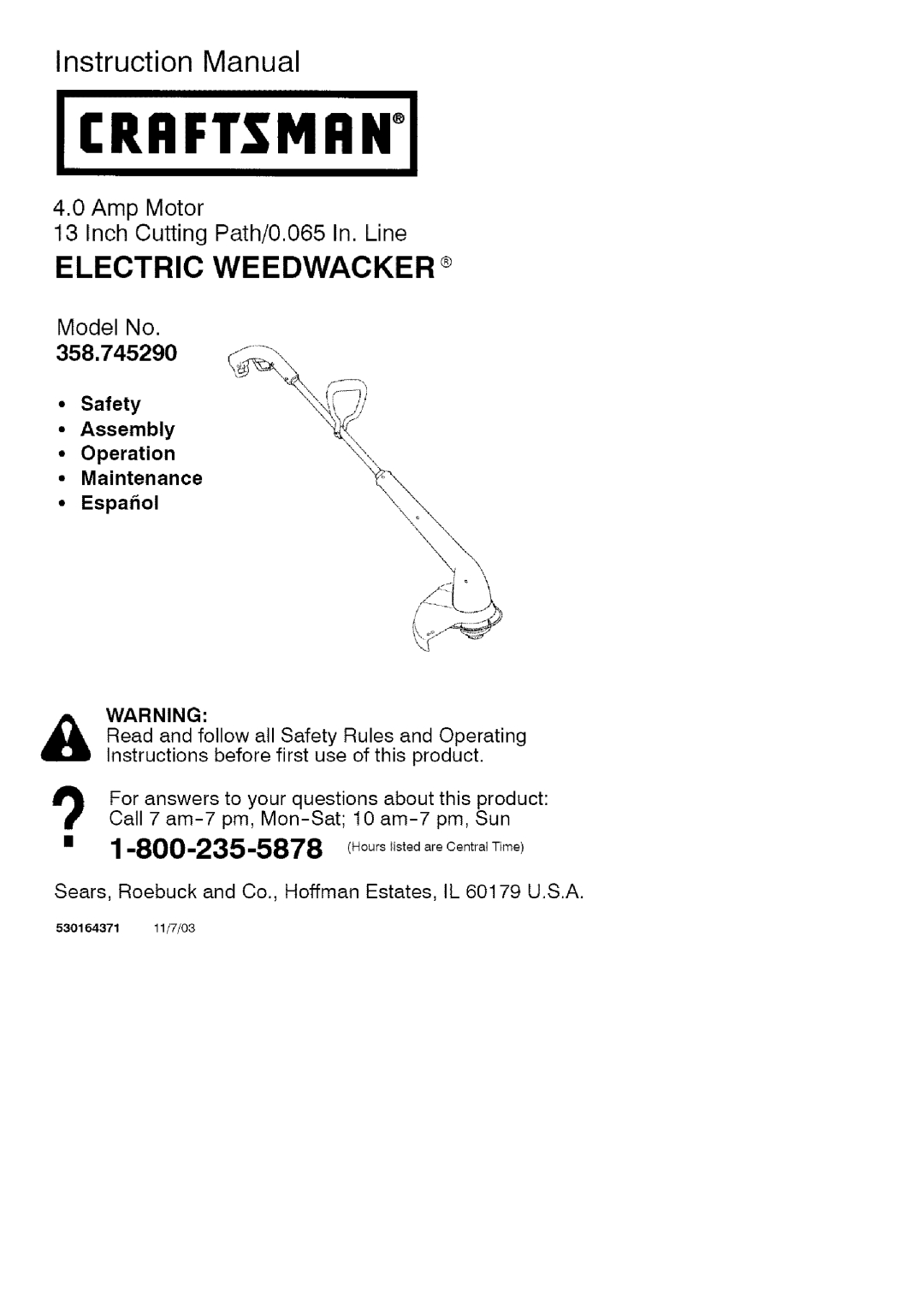 Craftsman instruction manual Inch Cutting Path/0.065 In. Line, Icraftsmani, Electric Weedwacker, 358.745290, Espar ol 