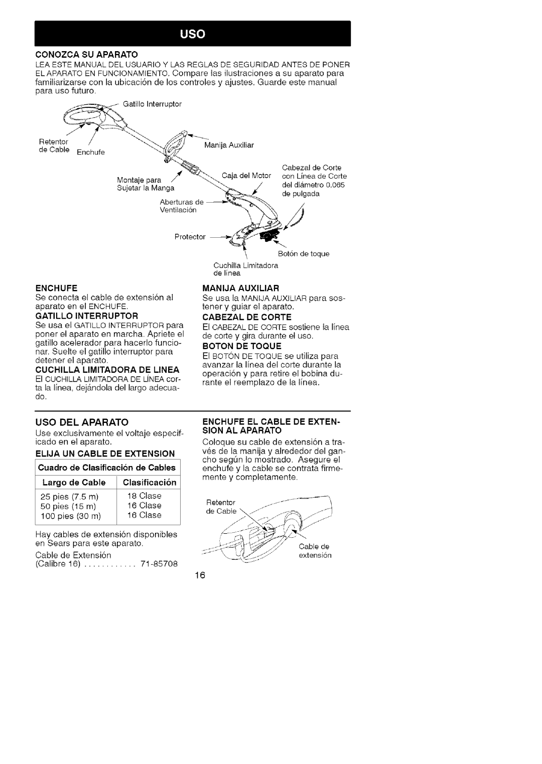 Craftsman 358.74534 manual Cuadro de Clasificacion de Cables Largo, Manija Auxiliar, Boton DE Toque, Retentor 