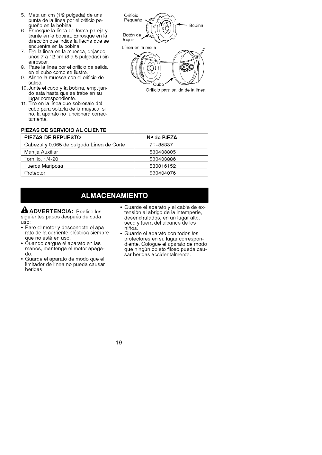 Craftsman 358.74534 manual Enroscar, Orificio, Piezas DE SERVIClO AL Cliente, Piezas DE Repuesto 