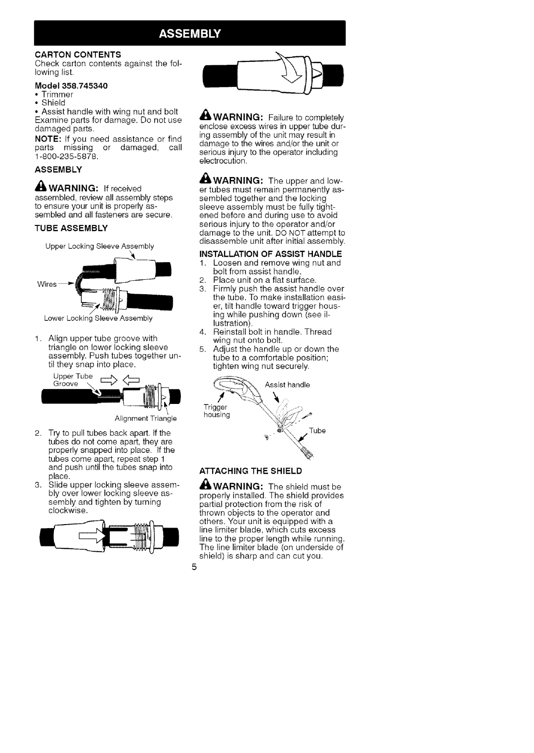 Craftsman 358.74534 manual Carton Contents, Tube Assembly, Installation of Assist Handle, Attaching the Shield 