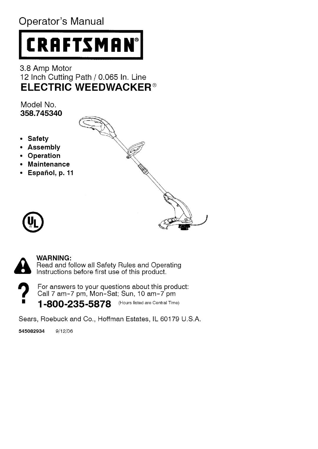 Craftsman 358.74534 manual Icrrftsmrni, Operators Manual, Electric Weedwacker, Safety Assembly, Maintenance Espa6ol, p 