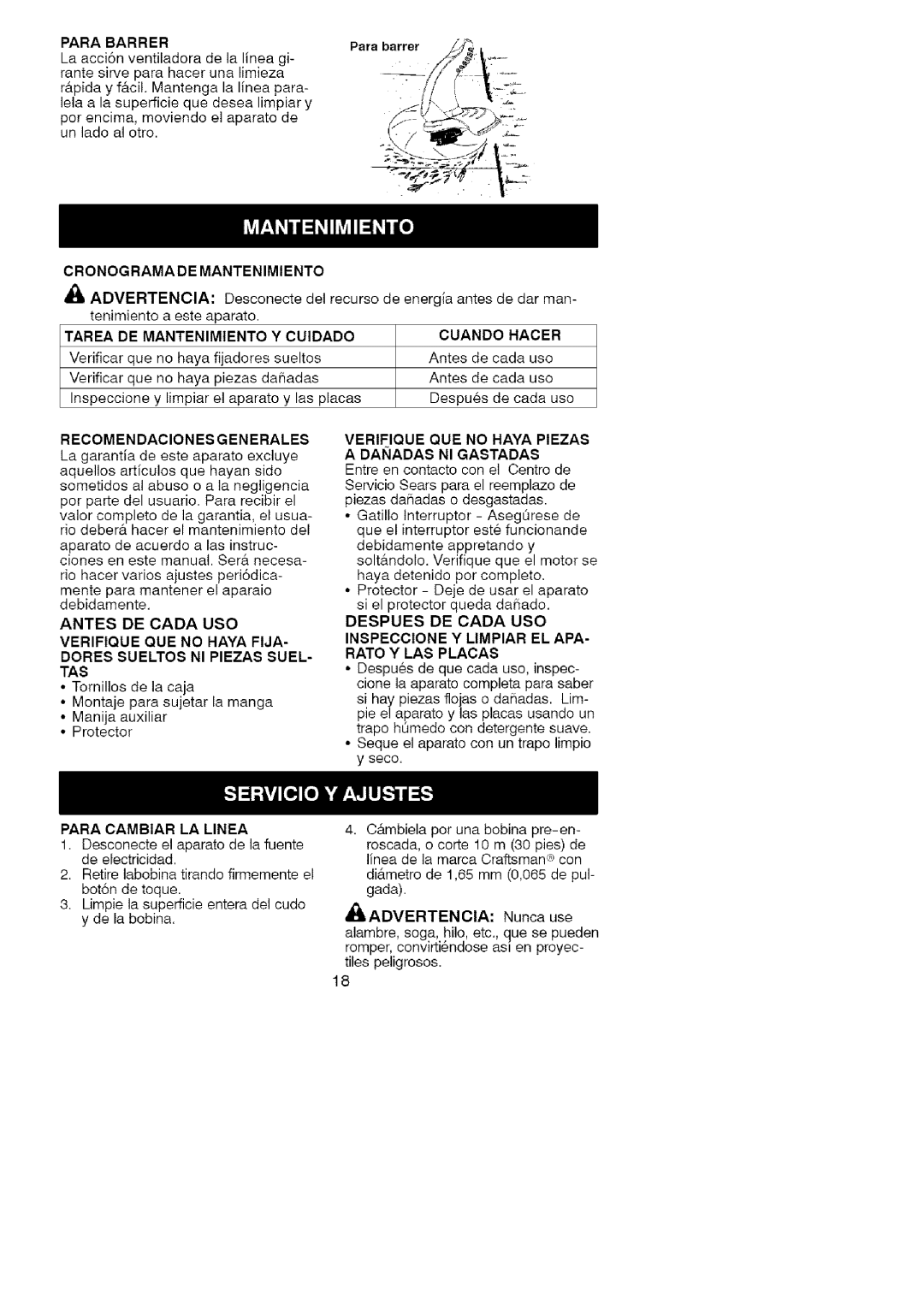 Craftsman 358.74534 manual Cronograma De Mantenimiento, Para barrer ./W, Advertencia, Hacer, Recomendaciones Generales 