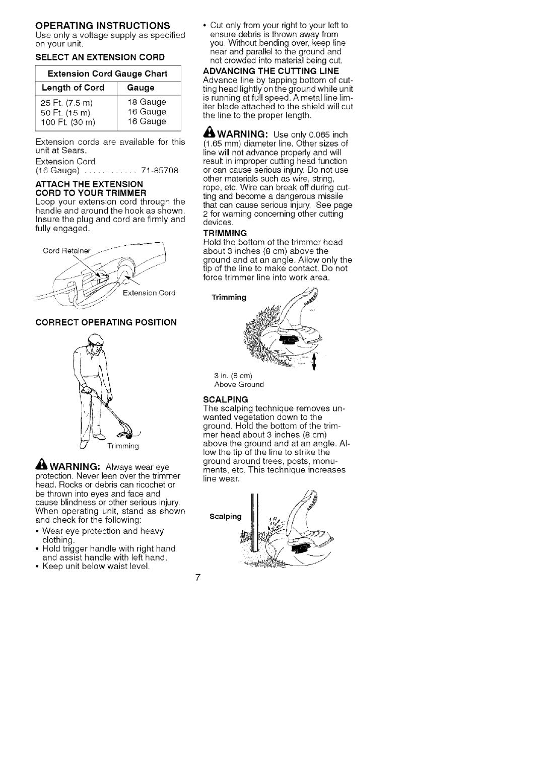 Craftsman 358.74534 Sea,pingII, Operatinginstructions, Attach The Extension Cord To Your Trimmer, Trimming, Scalping 