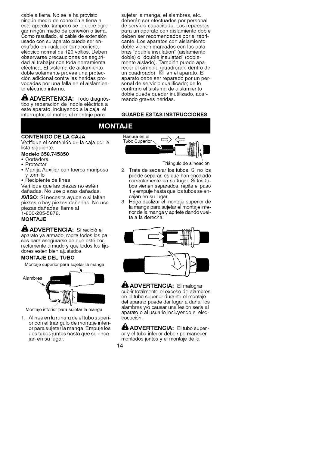 Craftsman 358.74535 manual CabletierraNoselehaprovisto, Toelectricointerne, Contenido DE LA Caja, Montaje DEL Tubo 