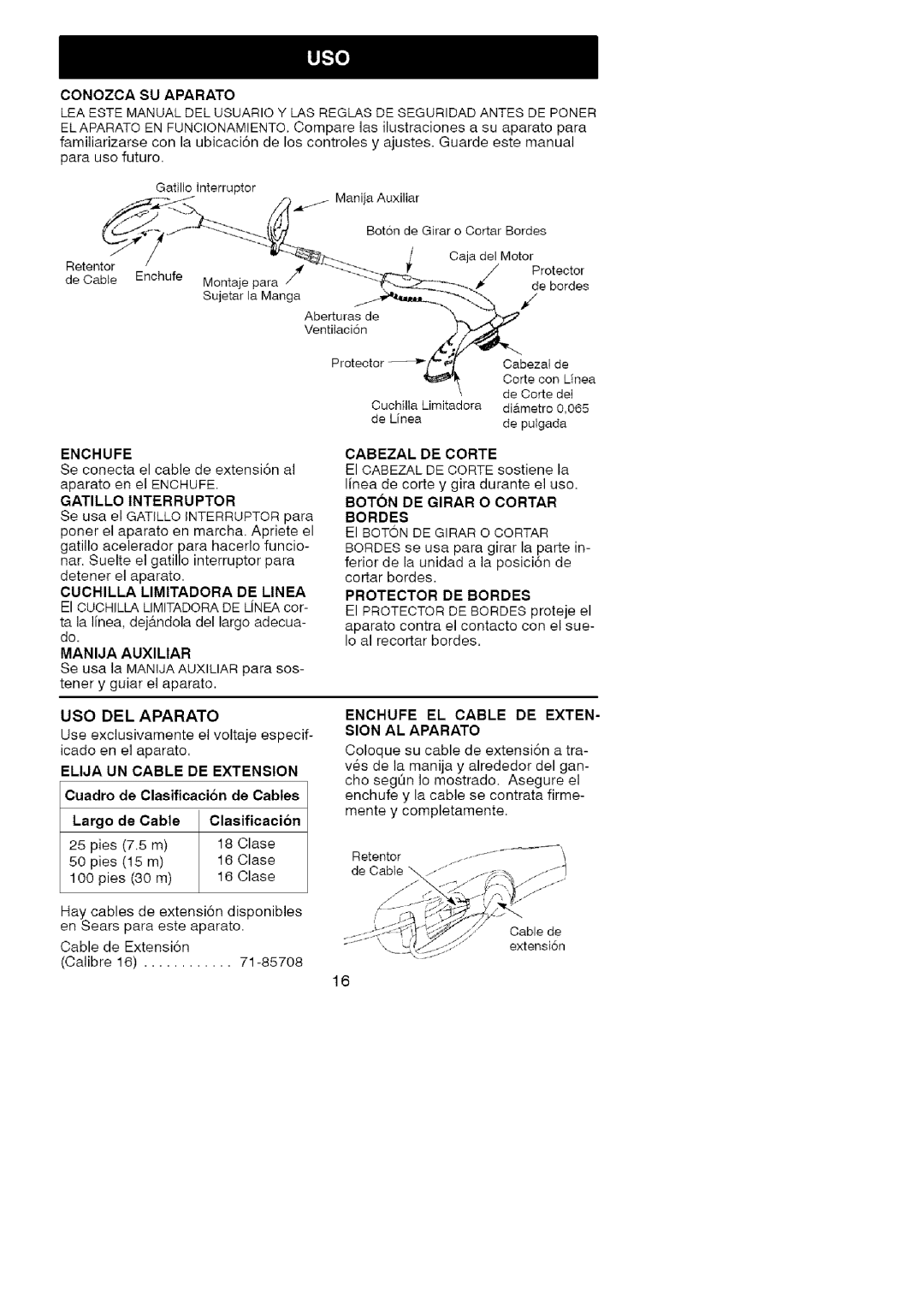 Craftsman 358.74535 manual Protector DE Bordes, Enchufe EL Cable DE Exten Sion AL Aparato 