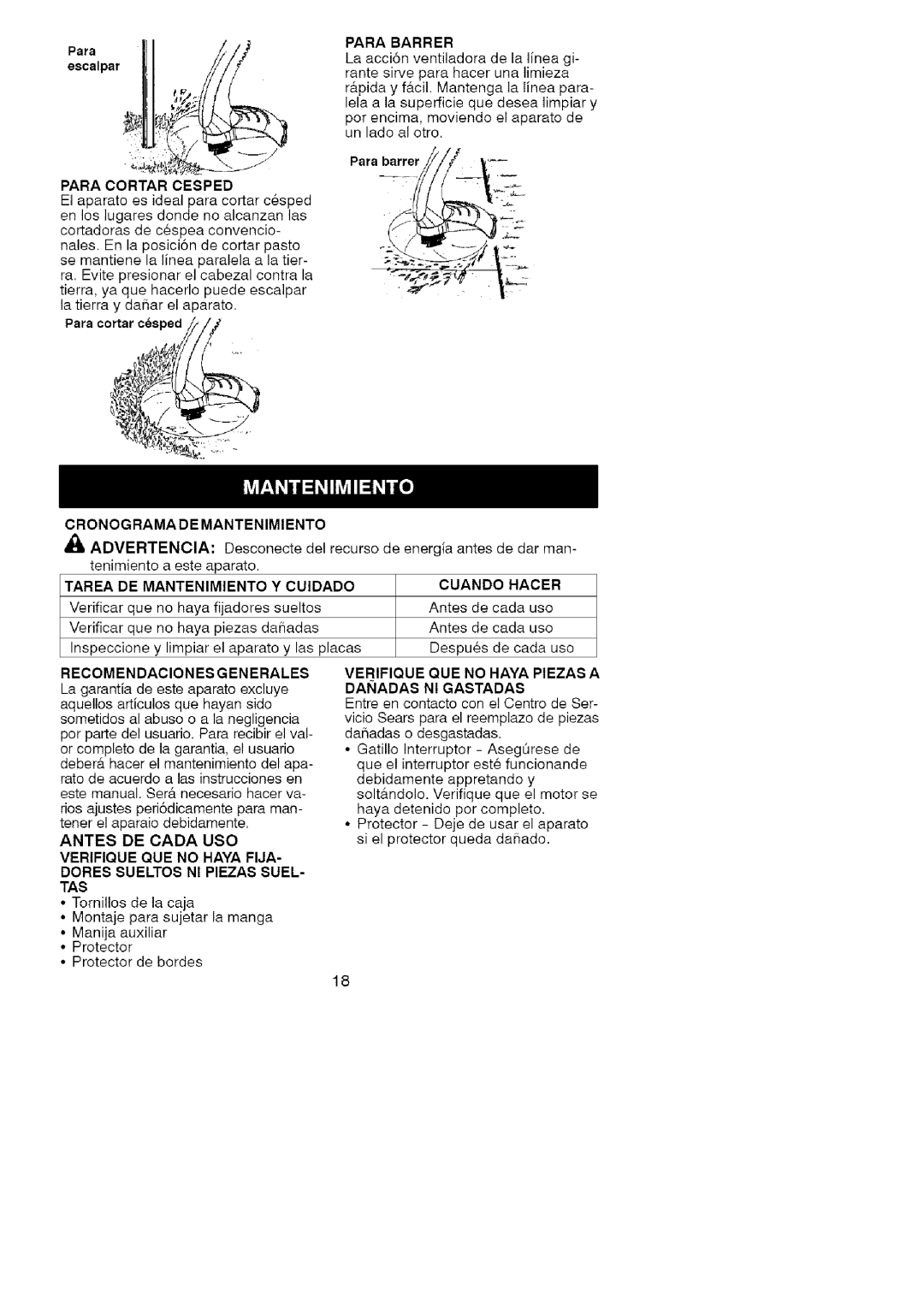 Craftsman 358.74535 manual Para Cortar Cesped, Para Barrer, Cronograma DE Mantenimiento, Recomendaciones Generales 