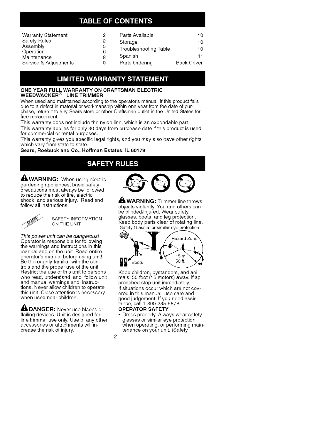 Craftsman 358.74535 manual Sears, Roebuck and Co., Hoffman Estates, IL, Operator Safety 