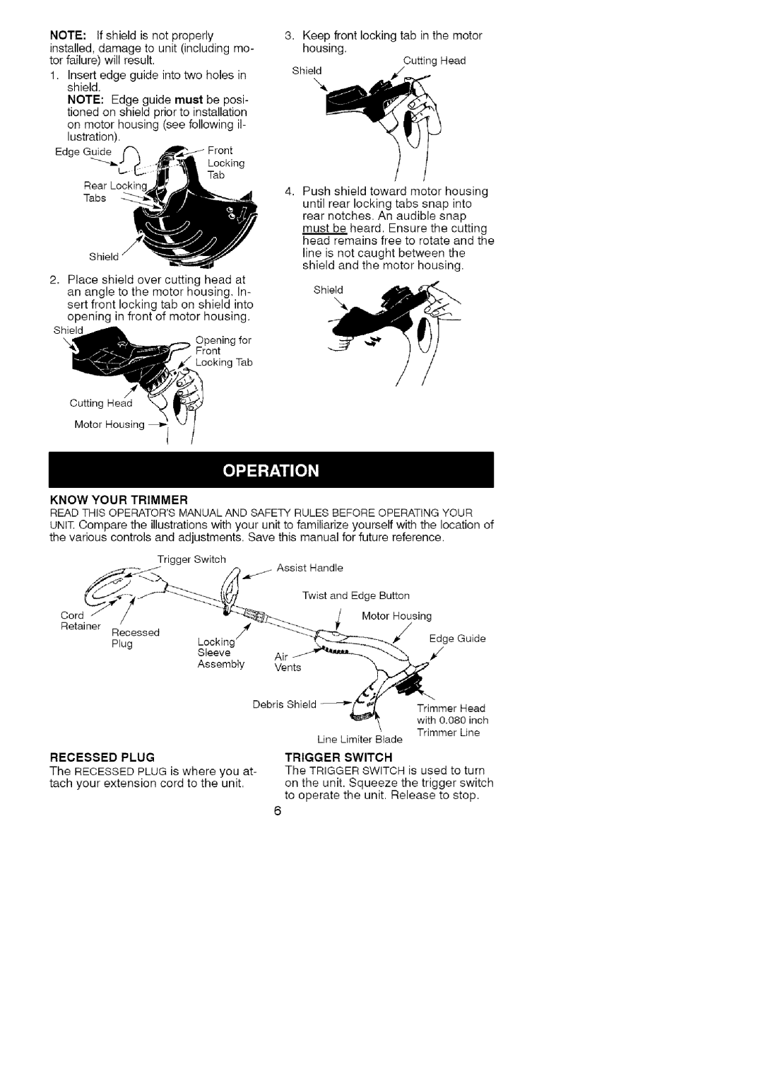 Craftsman 358.74535 manual EdgeGuide Front Locking Tab, Know Your Trimmer, Recessed Plug, Trigger Switch 