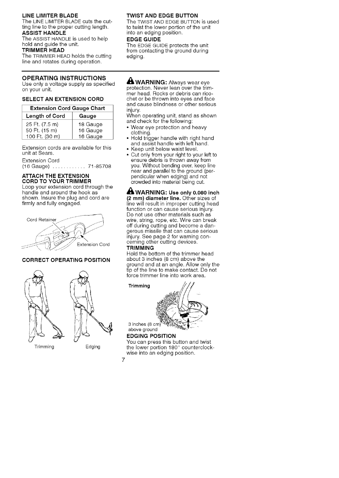 Craftsman 358.74535 Line Limiter Blade, Assist Handle, Trimmer Head, Operating Instructions, Select AN Extension Cord 