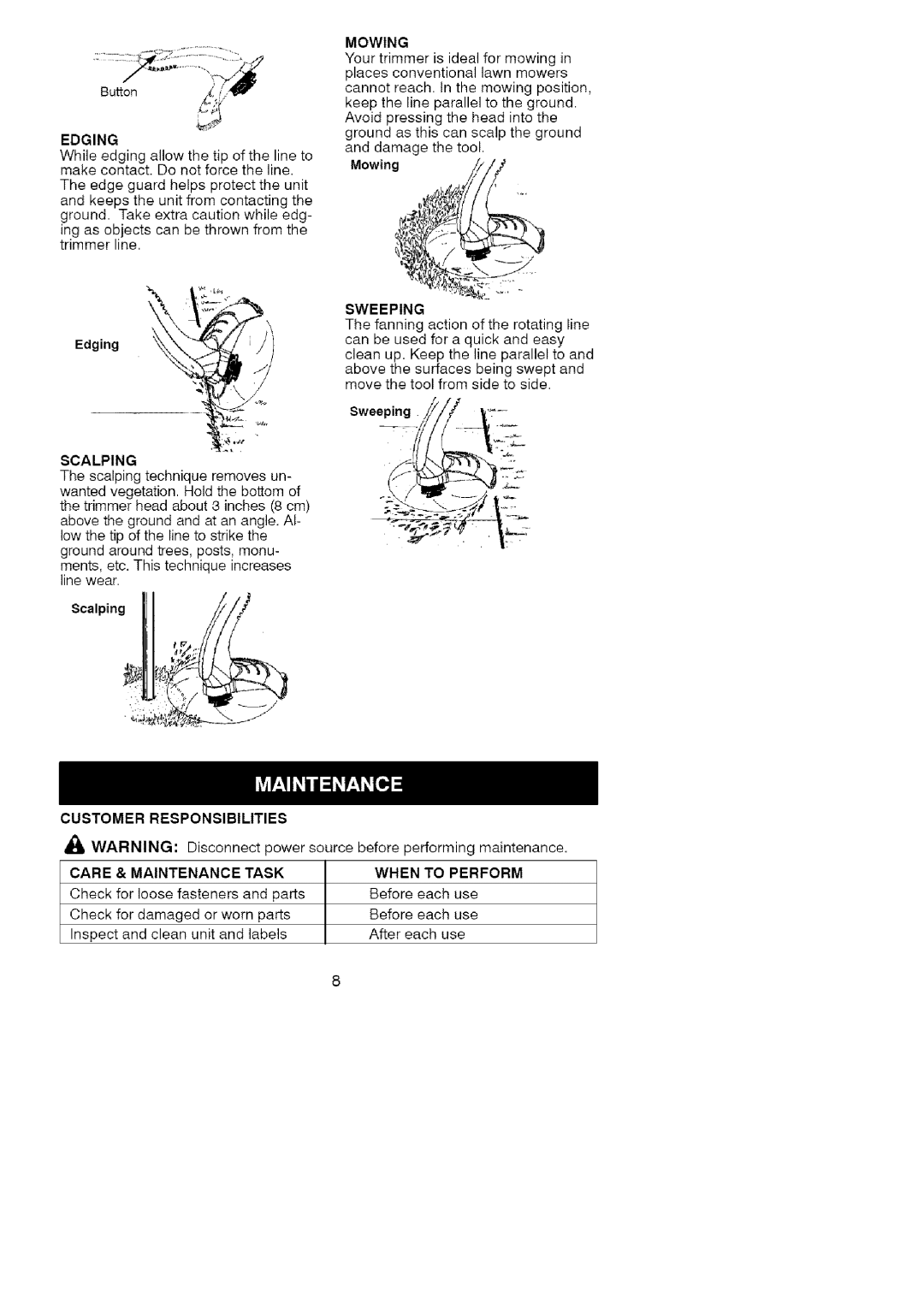 Craftsman 358.74535 manual Edging, Scalping Mowing, Sweeping, Maintenance Task 