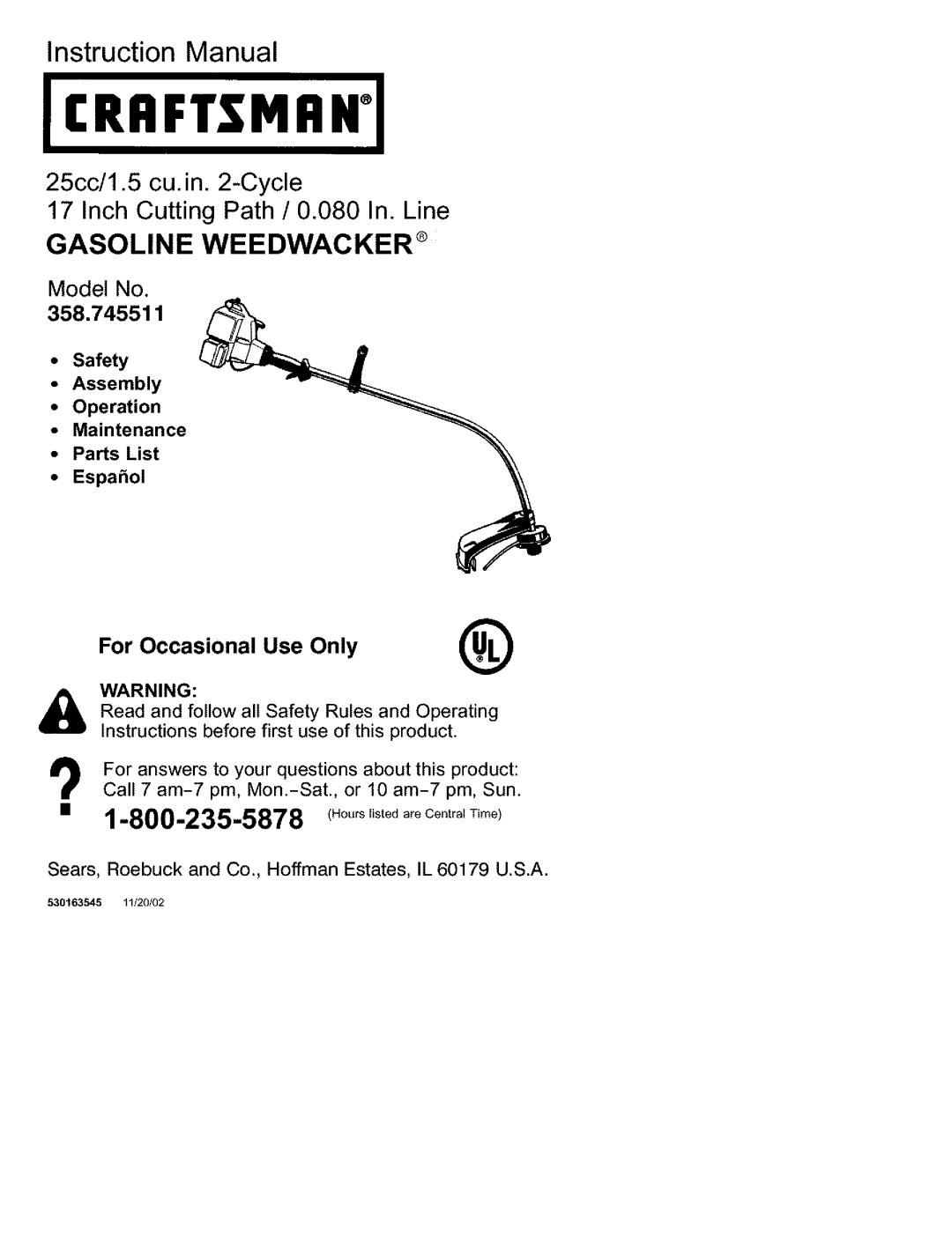 Craftsman 358.745511 instruction manual Gasoline Weedwacker 